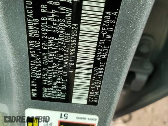 2019 Toyota Camry SE z VIN 4T1B11HK6KU679524, wystawiony jako Copart lot #86893235 z przebiegiem 120 033 mil mil oraz Szkoda całkowita • Salvage title. Historia ofert i sprzedaży dostępna na DreamBid. Obrazek 12.