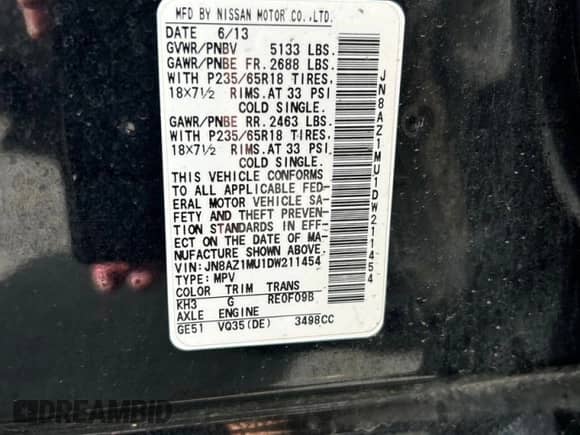 2013 Nissan Murano SV с VIN JN8AZ1MU1DW211454, выставлен на аукционе Copart как лот 86340005 с пробегом 140 130 миль миль и Чистый • Clean title. История ставок и продаж доступна на DreamBid. Изображение 10.