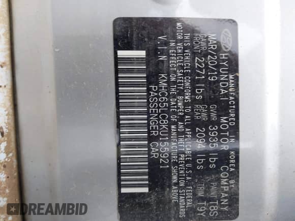 2019 Hyundai Ioniq Blue с VIN KMHC65LC8KU155921, выставлен на аукционе IAAI как лот 42743760 с пробегом 79 212 миль миль и . История ставок и продаж доступна на DreamBid. Изображение 9.