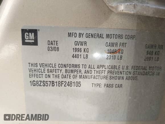 2008 Saturn Aura XE with VIN 1G8ZS57B18F248105, listed as a IAAI auction lot 43192596 with 156,549 mi miles and . Bid and sale history available at DreamBid. Image 9.