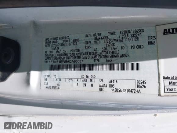 2010 Ford Econoline Cargo Commercial with VIN 1FTNE1EW0ADA96037, listed as a IAAI auction lot 42456306 with 155,805 mi miles and . Bid and sale history available at DreamBid. Image 9.