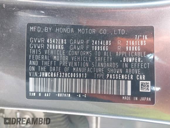 2017 Honda Accord with VIN JHMCR6F32HC005913, listed as a IAAI auction lot 42251342 with 138,274 mi miles and . Bid and sale history available at DreamBid. Image 9.