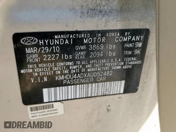 2010 Hyundai Elantra GLS z VIN KMHDU4ADXAU052482, wystawiony jako Copart lot #85738995 z przebiegiem 209 764 mil mil oraz Szkoda całkowita • Salvage title. Historia ofert i sprzedaży dostępna na DreamBid. Obrazek 13.