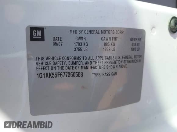 2007 Chevrolet Cobalt LS с VIN 1G1AK55F677360568, выставлен на аукционе IAAI как лот 43312635 с пробегом 179 475 миль миль и . История ставок и продаж доступна на DreamBid. Изображение 9.