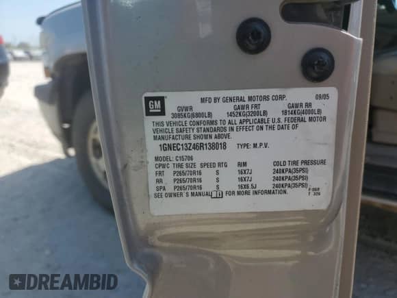 2006 Chevrolet Tahoe LS with VIN 1GNEC13Z46R138018, listed as a Copart auction lot 67971985 with 144,166 mi miles and Salvage title. Bid and sale history available at DreamBid. Image 13.