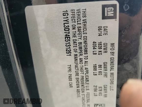 2014 Chevrolet Corvette Z51 3LT with VIN 1G1YL3D74E5131261, listed as a Copart auction lot 52405805 with Not provided miles and Salvage title. Bid and sale history available at DreamBid. Image 13.