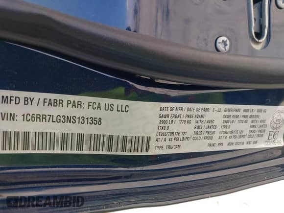 2022 Ram 1500 Warlock with VIN 1C6RR7LG3NS131358, listed as a IAAI auction lot 42262812 with 45,382 mi miles and . Bid and sale history available at DreamBid. Image 9.