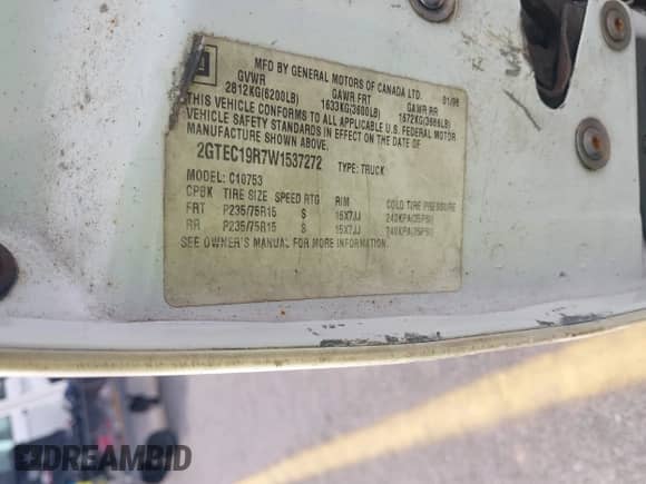 1998 GMC Sierra 1500 с VIN 2GTEC19R7W1537272, выставлен на аукционе IAAI как лот 43225727 с пробегом 251 502 миль миль и . История ставок и продаж доступна на DreamBid. Изображение 9.