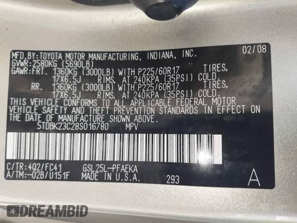 2008 Toyota Sienna LE with VIN 5TDBK23C28S016780, listed as a IAAI auction lot 42913654 with 236,276 mi miles and . Bid and sale history available at DreamBid. Image 9.