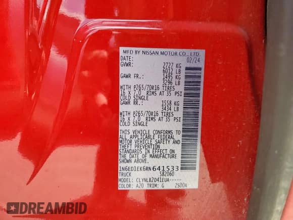 2024 Nissan Frontier Pro-4X with VIN 1N6ED1EK6RN641533, listed as a Copart auction lot 65434245 with 19,119 mi miles and Salvage title. Bid and sale history available at DreamBid. Image 12.