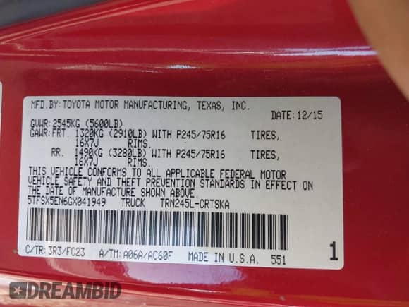 2016 Toyota Tacoma SR с VIN 5TFSX5EN6GX041949, выставлен на аукционе IAAI как лот 43330639 с пробегом 104 110 миль миль и . История ставок и продаж доступна на DreamBid. Изображение 9.