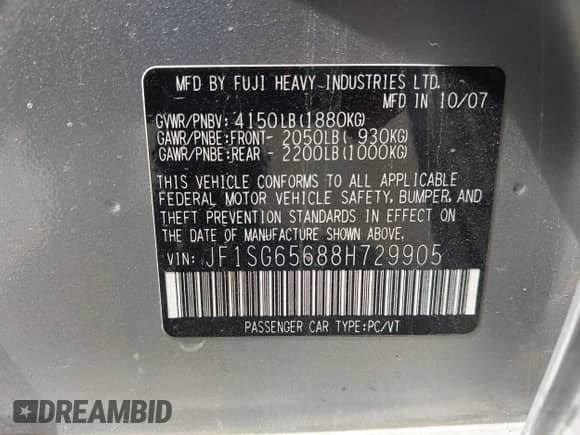 2008 Subaru Forester X with VIN JF1SG65688H729905, listed as a IAAI auction lot 43315331 with 263,496 mi miles and . Bid and sale history available at DreamBid. Image 9.