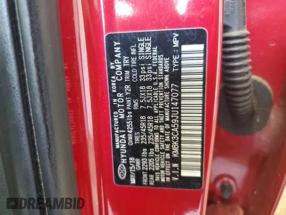 2018 Hyundai Kona Limited с VIN KM8K3CA59JU147077, выставлен на аукционе Copart как лот 80031765 с пробегом 38 160 миль миль и Списание • Salvage title. История ставок и продаж доступна на DreamBid. Изображение 13.