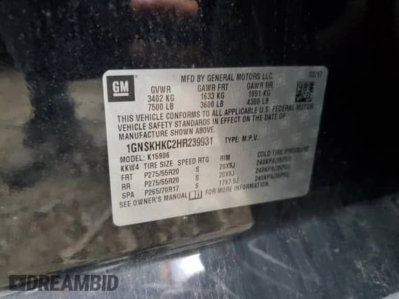 2017 Chevrolet Suburban LT with VIN 1GNSKHKC2HR239931, listed as a Copart auction lot 84542685 with Not provided miles and Salvage title. Bid and sale history available at DreamBid. Image 13.