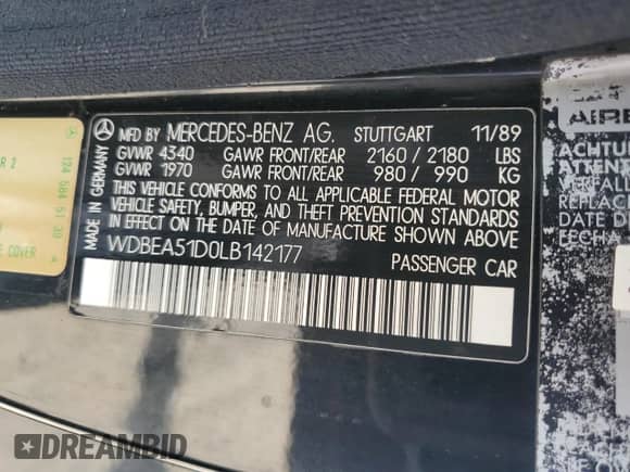 1990 Mercedes-Benz 300 CE с VIN WDBEA51D0LB142177, выставлен на аукционе Copart как лот 62708875 с пробегом 91 646 миль миль и Чистый • Clean title. История ставок и продаж доступна на DreamBid. Изображение 12.