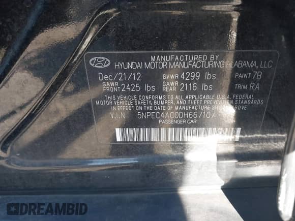 2013 Hyundai Sonata SE with VIN 5NPEC4AC0DH667107, listed as a IAAI auction lot 43428955 with 190,362 mi miles and . Bid and sale history available at DreamBid. Image 9.