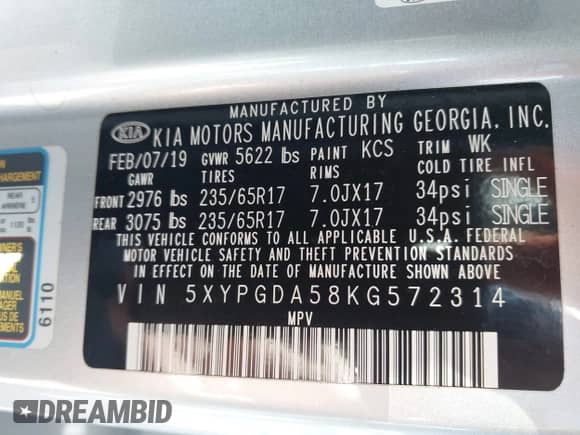 2019 Kia Sorento S with VIN 5XYPGDA58KG572314, listed as a IAAI auction lot 43425458 with 128,901 mi miles and . Bid and sale history available at DreamBid. Image 9.