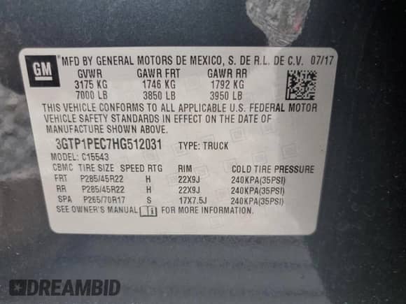 2017 GMC Sierra 1500 Denali with VIN 3GTP1PEC7HG512031, listed as a Copart auction lot 82098145 with 90,469 mi miles and Salvage title. Bid and sale history available at DreamBid. Image 13.