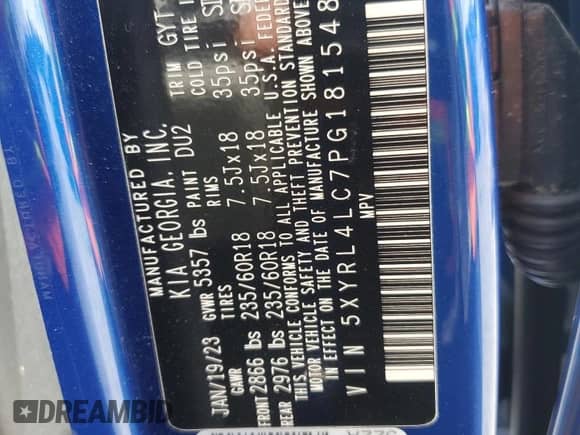 2023 Kia Sorento S with VIN 5XYRL4LC7PG181548, listed as a Copart auction lot 70890115 with 22,994 mi miles and Salvage title. Bid and sale history available at DreamBid. Image 14.