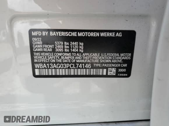 2023 BMW 5 Series 530e with VIN WBA13AG03PCL74146, listed as a Copart auction lot 50576685 with 41,163 mi miles and Salvage title. Bid and sale history available at DreamBid. Image 12.