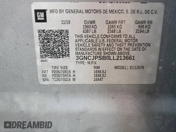 2020 Chevrolet Trax LT with VIN 3GNCJPSB0LL213661, listed as a Copart auction lot 81721985 with 123,501 mi miles and Salvage title. Bid and sale history available at DreamBid. Image 13.