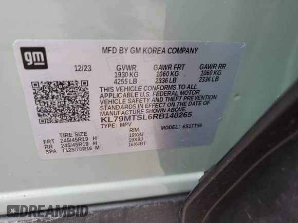 2024 Chevrolet TrailBlazer RS with VIN KL79MTSL6RB140265, listed as a Copart auction lot 54944655 with 7,694 mi miles and Salvage title. Bid and sale history available at DreamBid. Image 14.