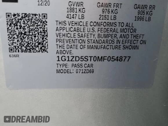 2021 Chevrolet Malibu LT с VIN 1G1ZD5ST0MF054877, выставлен на аукционе Copart как лот 82120725 с пробегом 53 589 миль миль и Списание • Salvage title. История ставок и продаж доступна на DreamBid. Изображение 12.