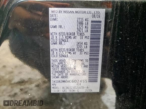 2017 Nissan Pathfinder SV with VIN 5N1DR2MN5HC602455, listed as a Copart auction lot 62899365 with 144,937 mi miles and Salvage title. Bid and sale history available at DreamBid. Image 14.