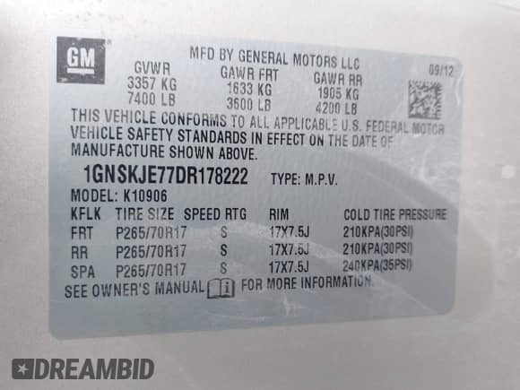 2013 Chevrolet Suburban LT with VIN 1GNSKJE77DR178222, listed as a IAAI auction lot 42843248 with 211,950 mi miles and . Bid and sale history available at DreamBid. Image 9.