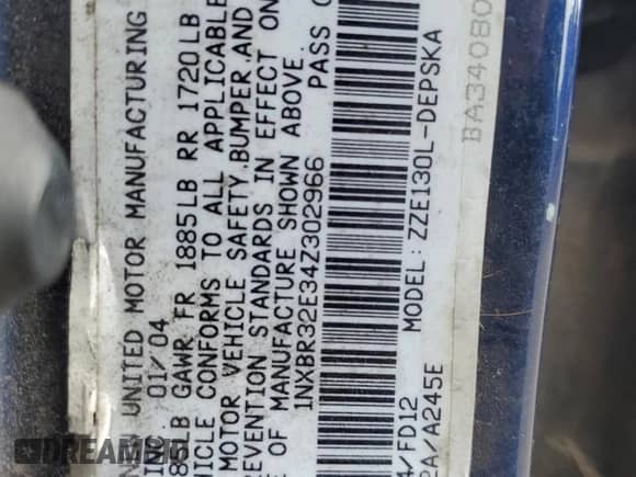 2004 Toyota Corolla CE с VIN 1NXBR32E34Z302966, выставлен на аукционе Copart как лот 87043015 с пробегом 180 189 миль миль и Чистый • Clean title. История ставок и продаж доступна на DreamBid. Изображение 13.