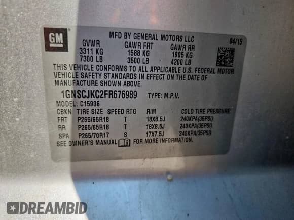 2015 Chevrolet Suburban LT с VIN 1GNSCJKC2FR676989, выставлен на аукционе Copart как лот 69505875 с пробегом 174 079 миль миль и Чистый • Clean title. История ставок и продаж доступна на DreamBid. Изображение 13.