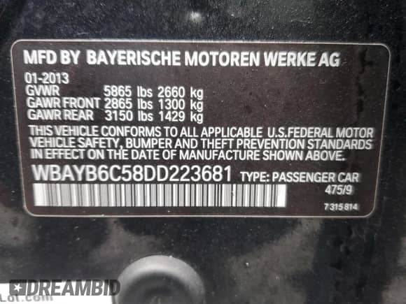 2013 BMW 7 Series 750i xDrive with VIN WBAYB6C58DD223681, listed as a Copart auction lot 50156875 with 139,422 mi miles and Salvage title. Bid and sale history available at DreamBid. Image 12.
