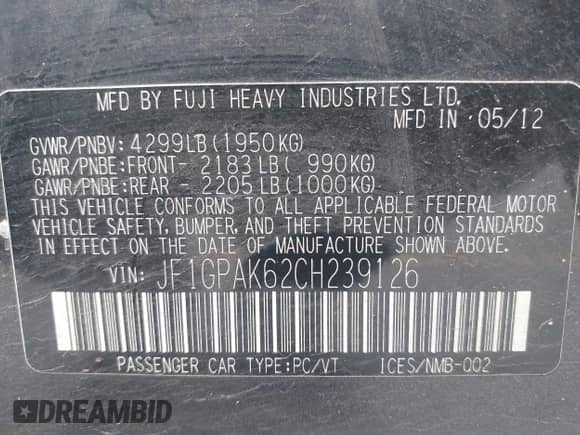 2012 Subaru Impreza Limited с VIN JF1GPAK62CH239126, выставлен на аукционе IAAI как лот 42542129 с пробегом 92 989 миль миль и . История ставок и продаж доступна на DreamBid. Изображение 9.