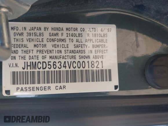1997 Honda Accord LX with VIN JHMCD5634VC001821, listed as a IAAI auction lot 43215124 with 126,290 mi miles and . Bid and sale history available at DreamBid. Image 9.