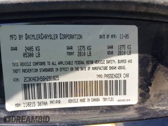 2006 Chrysler 300 C с VIN 2C3KA63H56H291825, выставлен на аукционе IAAI как лот 43518661 с пробегом 175 194 миль миль и . История ставок и продаж доступна на DreamBid. Изображение 9.