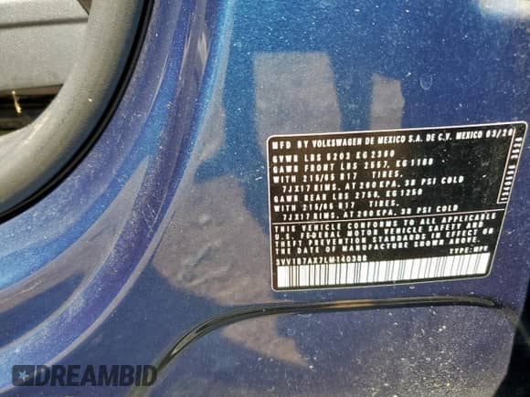 2020 Volkswagen Tiguan S с VIN 3VV1B7AX7LM140388, выставлен на аукционе Copart как лот 67193235 с пробегом Не указан миль и Списание • Salvage title. История ставок и продаж доступна на DreamBid. Изображение 13.