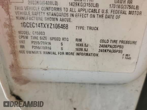 2000 Chevrolet Silverado 1500 LS with VIN 1GCEC14TXYZ106468, listed as a Copart auction lot 65208804 with 422,569 mi miles and Salvage title. Bid and sale history available at DreamBid. Image 12.