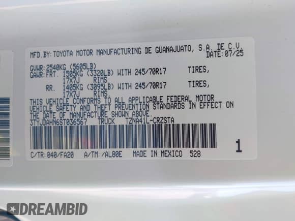 2025 Toyota Tacoma SR with VIN 3TYJDAHN6ST036567, listed as a IAAI auction lot 43283195 with 349 mi miles and . Bid and sale history available at DreamBid. Image 9.