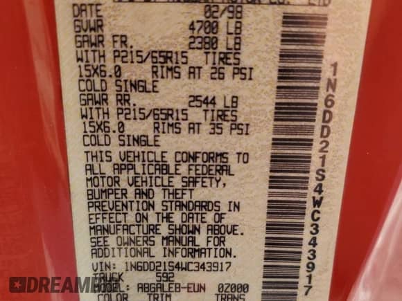 1998 Nissan Frontier XE z VIN 1N6DD21S4WC343917, wystawiony jako Copart lot #59346585 z przebiegiem 127 324 mil mil oraz Szkoda całkowita • Salvage title. Historia ofert i sprzedaży dostępna na DreamBid. Obrazek 12.