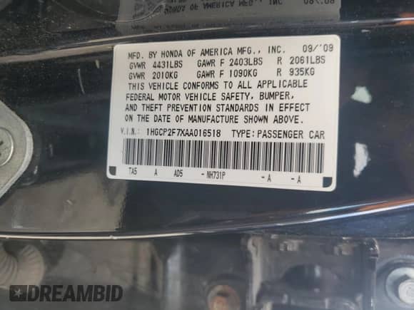 2010 Honda Accord EX with VIN 1HGCP2F7XAA016518, listed as a Copart auction lot 69629165 with 151,019 mi miles and Salvage title. Bid and sale history available at DreamBid. Image 12.