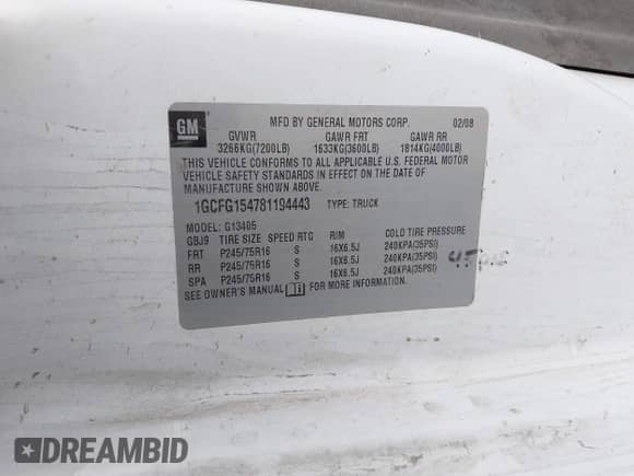 2008 Chevrolet Express Cargo with VIN 1GCFG154781194443, listed as a IAAI auction lot 42496633 with 192,497 mi miles and . Bid and sale history available at DreamBid. Image 9.