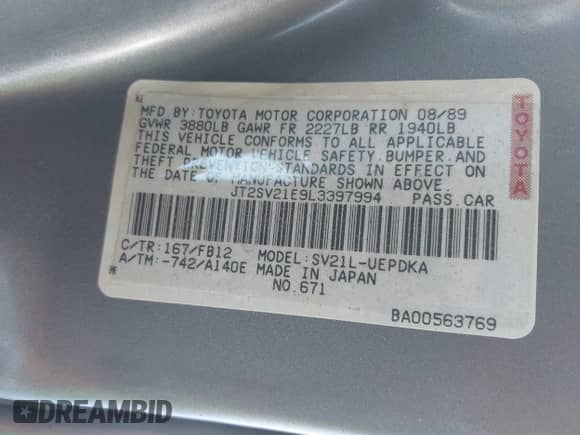 1990 Toyota Camry z VIN JT2SV21E9L3397994, wystawiony jako IAAI lot #41010855 z przebiegiem 261 457 mil mil oraz . Historia ofert i sprzedaży dostępna na DreamBid. Obrazek 9.