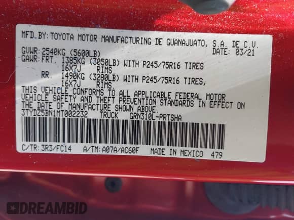 2021 Toyota Tacoma SR5 z VIN 3TYDZ5BN1MT002232, wystawiony jako IAAI lot #42374170 z przebiegiem 16 465 mil mil oraz . Historia ofert i sprzedaży dostępna na DreamBid. Obrazek 9.