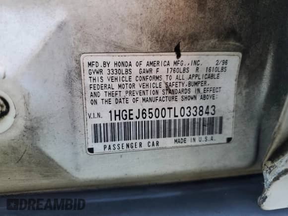 1996 Honda Civic with VIN 1HGEJ6500TL033843, listed as a Copart auction lot 55334335 with 131,654 mi miles and Salvage title. Bid and sale history available at DreamBid. Image 12.