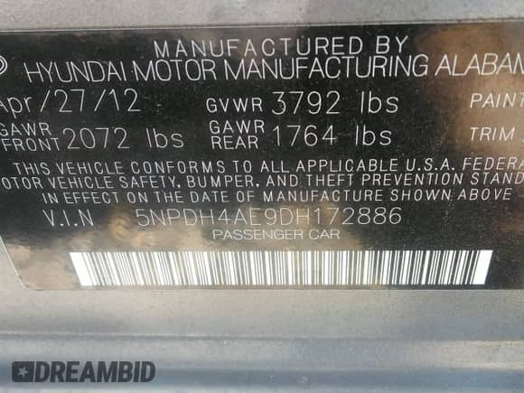 2013 Hyundai Elantra GLS z VIN 5NPDH4AE9DH172886, wystawiony jako IAAI lot #43170802 z przebiegiem 171 386 mil mil oraz . Historia ofert i sprzedaży dostępna na DreamBid. Obrazek 9.