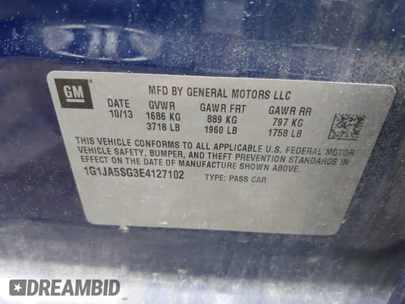 2014 Chevrolet Sonic LS с VIN 1G1JA5SG3E4127102, выставлен на аукционе IAAI как лот 42369479 с пробегом 225 473 миль миль и . История ставок и продаж доступна на DreamBid. Изображение 9.