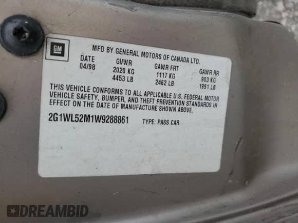 1998 Chevrolet Lumina с VIN 2G1WL52M1W9288861, выставлен на аукционе Copart как лот 51312475 с пробегом 251 105 миль миль и Списание • Salvage title. История ставок и продаж доступна на DreamBid. Изображение 12.