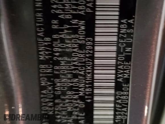 2019 Toyota Camry SE z VIN 4T1B11HKXKU712993, wystawiony jako Copart lot #80261855 z przebiegiem 88 636 mil mil oraz Szkoda całkowita • Salvage title. Historia ofert i sprzedaży dostępna na DreamBid. Obrazek 12.