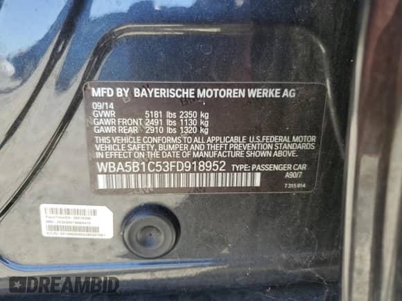 2015 BMW 5 Series 535i с VIN WBA5B1C53FD918952, выставлен на аукционе Copart как лот 85349965 с пробегом 199 786 миль миль и Чистый • Clean title. История ставок и продаж доступна на DreamBid. Изображение 12.