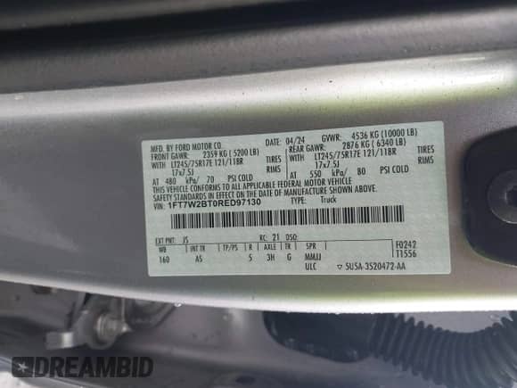 2024 Ford F-250 XL z VIN 1FT7W2BT0RED97130, wystawiony jako IAAI lot #41706600 z przebiegiem 17 269 mil mil oraz . Historia ofert i sprzedaży dostępna na DreamBid. Obrazek 9.